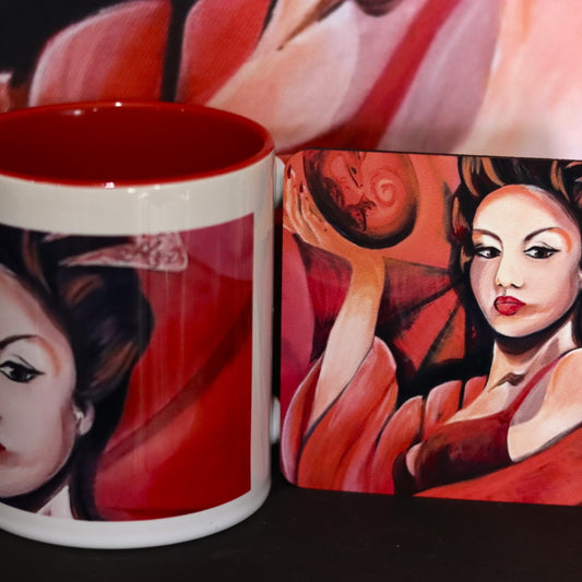 Art cup and coaster set featuring Survival Red Geisha from the Geishas & Dragons Series by Australian artist Lynette Mary Skeers