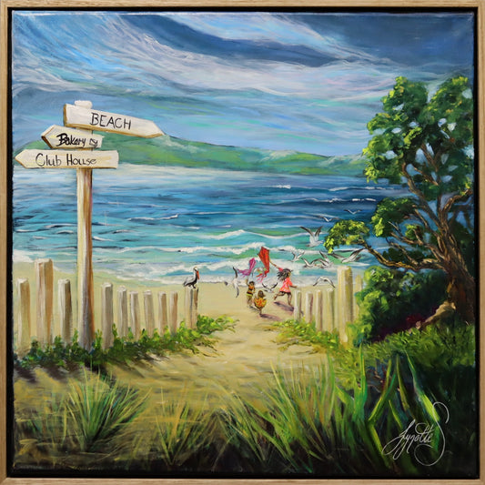 Coastal beach painting showing children running along a sandy path toward the ocean flying colourful kites, with blue sea, sky and coastal greenery in a joyful Australian seaside artwork by Lynette Mary Skeers
