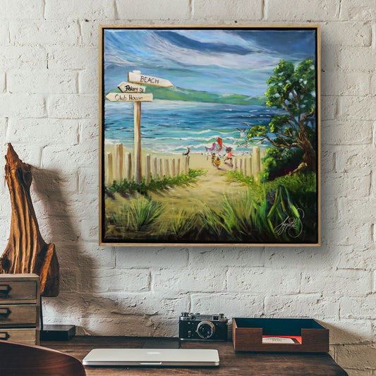 Coastal beach painting showing children running along a sandy path toward the ocean flying colourful kites, with blue sea, sky and coastal greenery in a joyful Australian seaside artwork by Lynette Mary Skeers