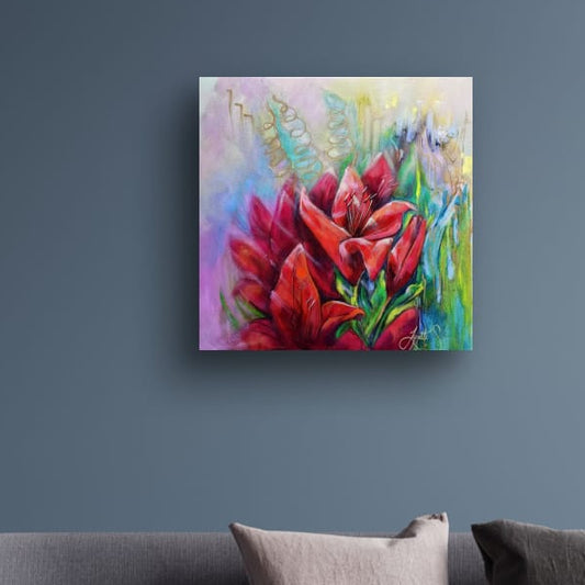 Romantic lily flower painting with rich scarlet petals, soft dissolving background and gold swirling accents, created in oils and inks in a contemporary floral artwork by Australian artist Lynette Mary Skeers