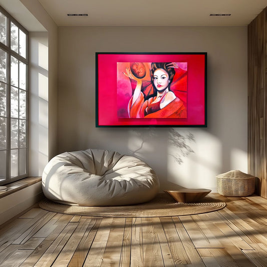 Red root chakra artwork of a geisha holding a dragon spirit orb symbolising survival, grounding, resilience, and feminine strength