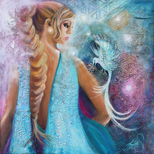 Feminine figurative painting of a serene woman holding a delicate bird, layered with textured mixed media, soft turquoise and pastel tones, and sacred geometry in a contemporary Australian artwork by Lynette Mary Skeers