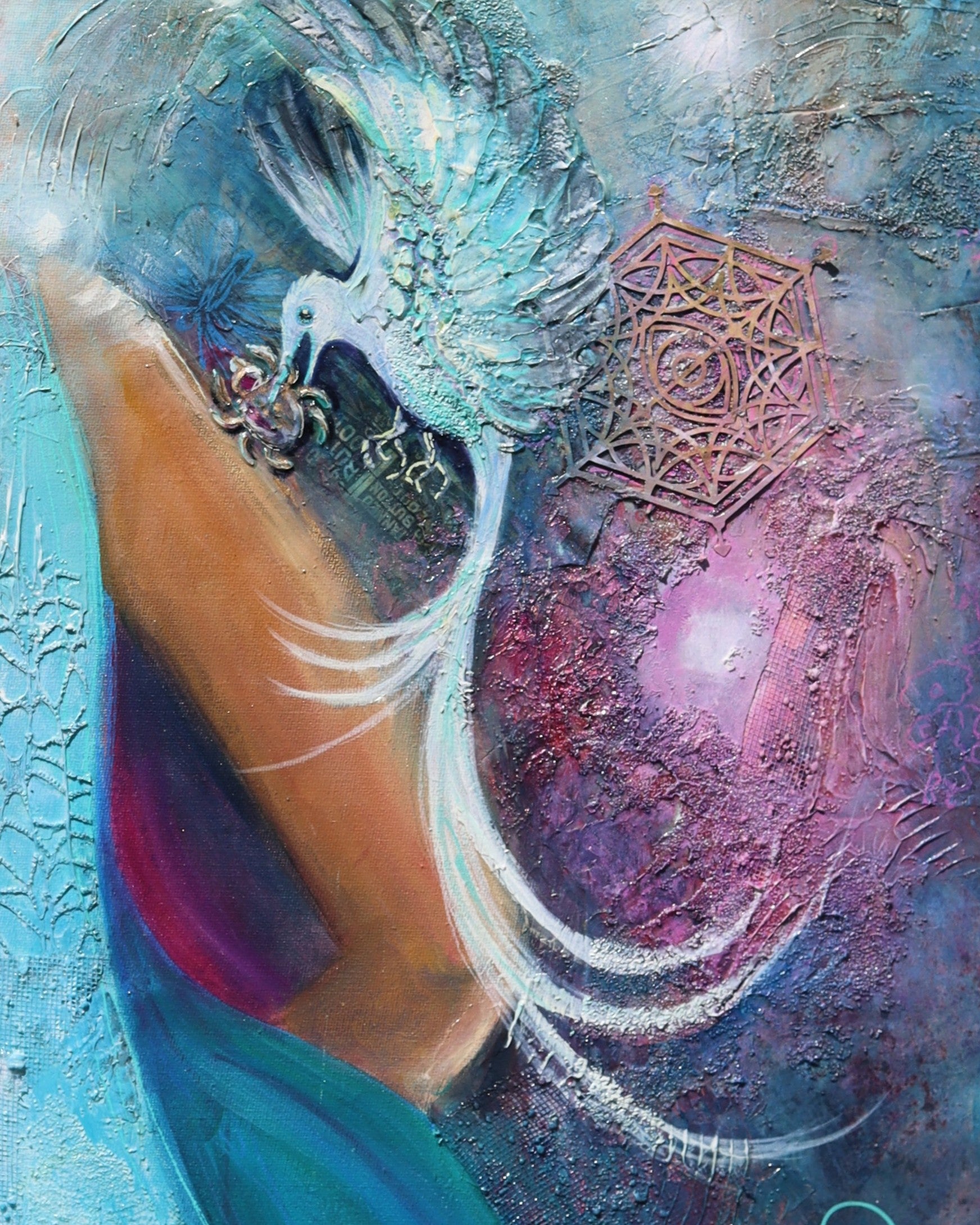 Feminine figurative painting of a serene woman holding a delicate bird, layered with textured mixed media, soft turquoise and pastel tones, and sacred geometry in a contemporary Australian artwork by Lynette Mary Skeers