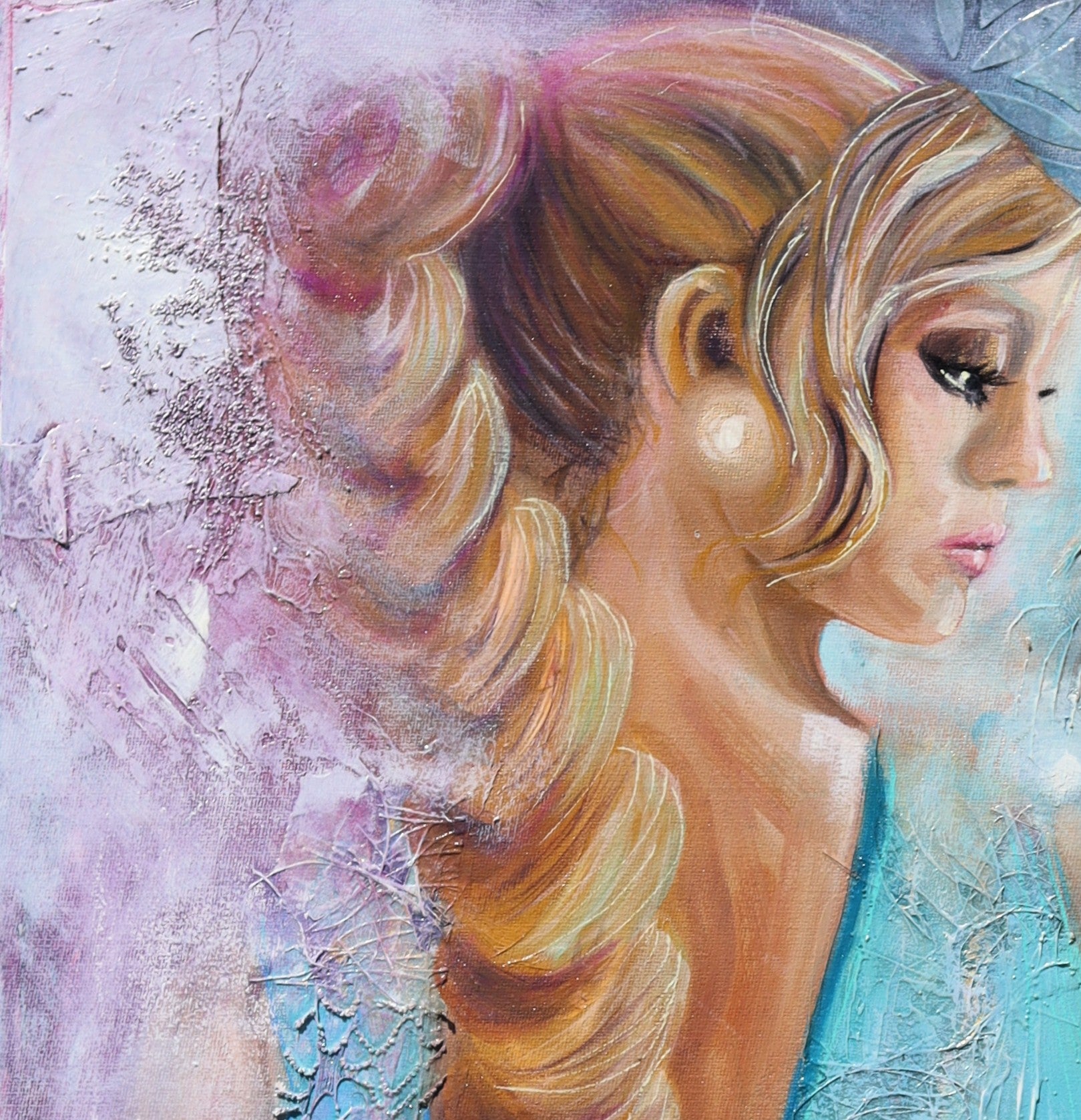 Feminine figurative painting of a serene woman holding a delicate bird, layered with textured mixed media, soft turquoise and pastel tones, and sacred geometry in a contemporary Australian artwork by Lynette Mary Skeers