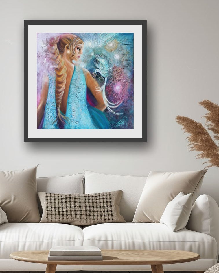 Feminine figurative painting of a serene woman holding a delicate bird, layered with textured mixed media, soft turquoise and pastel tones, and sacred geometry in a contemporary Australian artwork by Lynette Mary Skeers