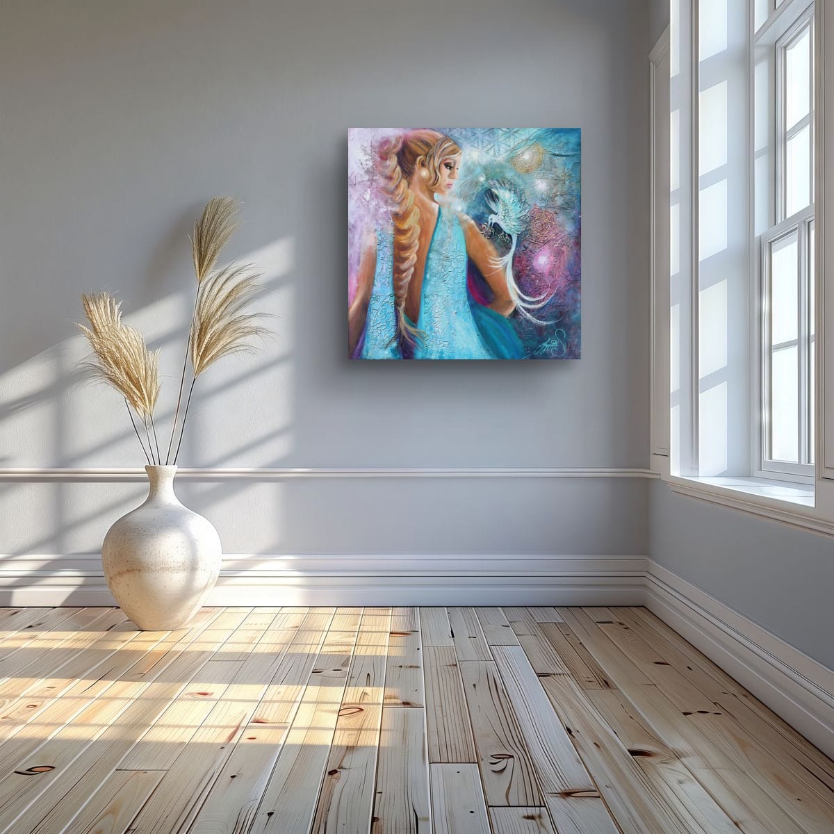 Feminine figurative painting of a serene woman holding a delicate bird, layered with textured mixed media, soft turquoise and pastel tones, and sacred geometry in a contemporary Australian artwork by Lynette Mary Skeers
