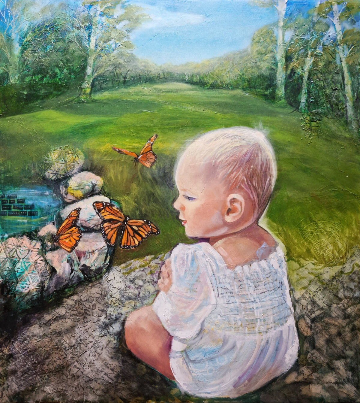 Until You Spread Your Wings by Lynette Mary Skeers, showing a young child surrounded by monarch butterflies, textured landscape and sacred geometry.