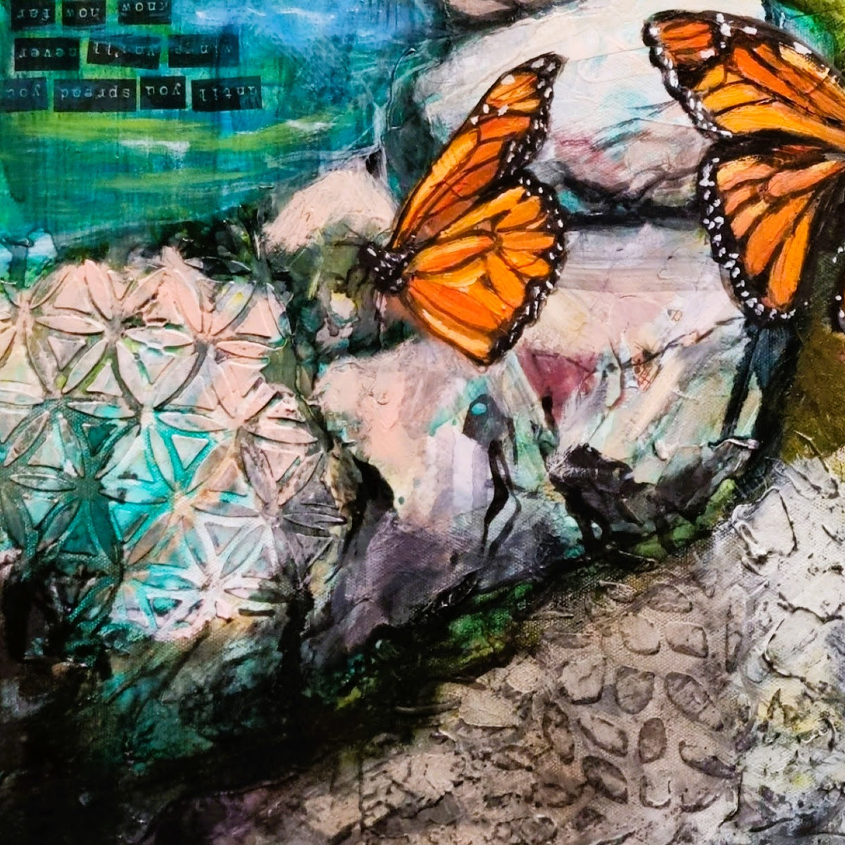 Monarch butterflies symbolising transformation and possibility in the mixed media painting Until You Spread Your Wings.