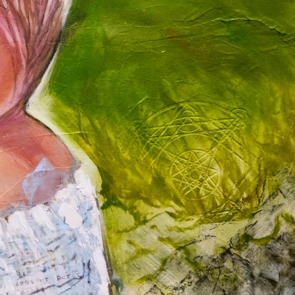 Metatron's Cube incorporated into the richly textured landscape of Until You Spread Your Wings by Lynette Mary Skeers.