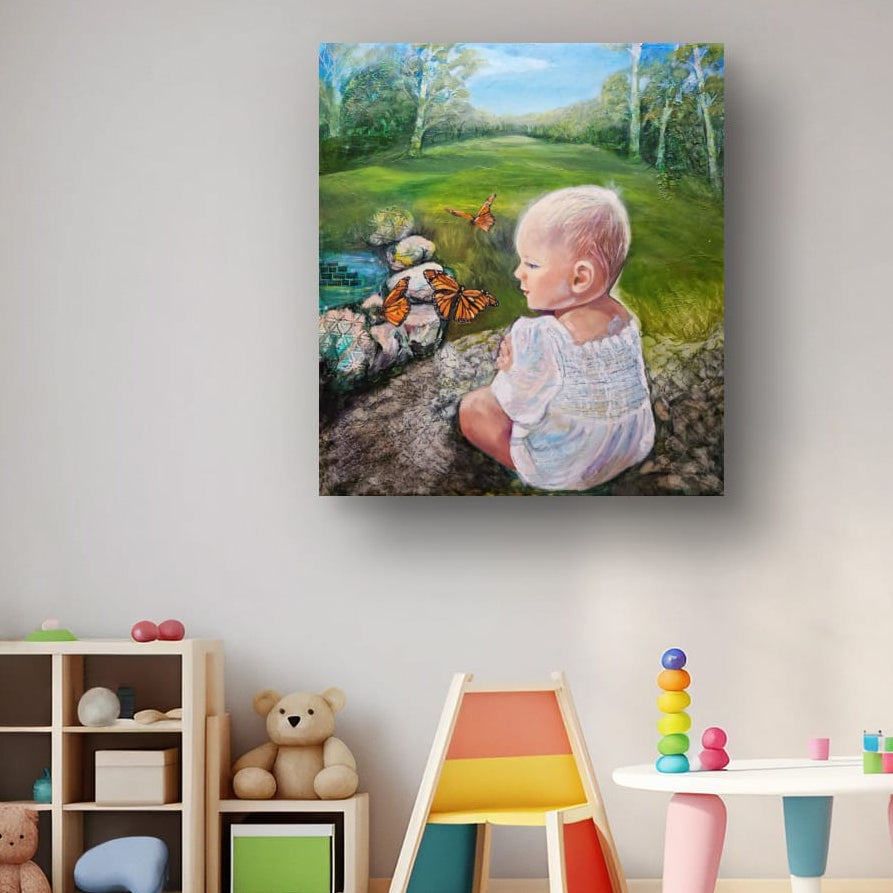 Until You Spread Your Wings, an original textured mixed media and oil painting by Australian artist Lynette Mary Skeers, displayed in an interior.