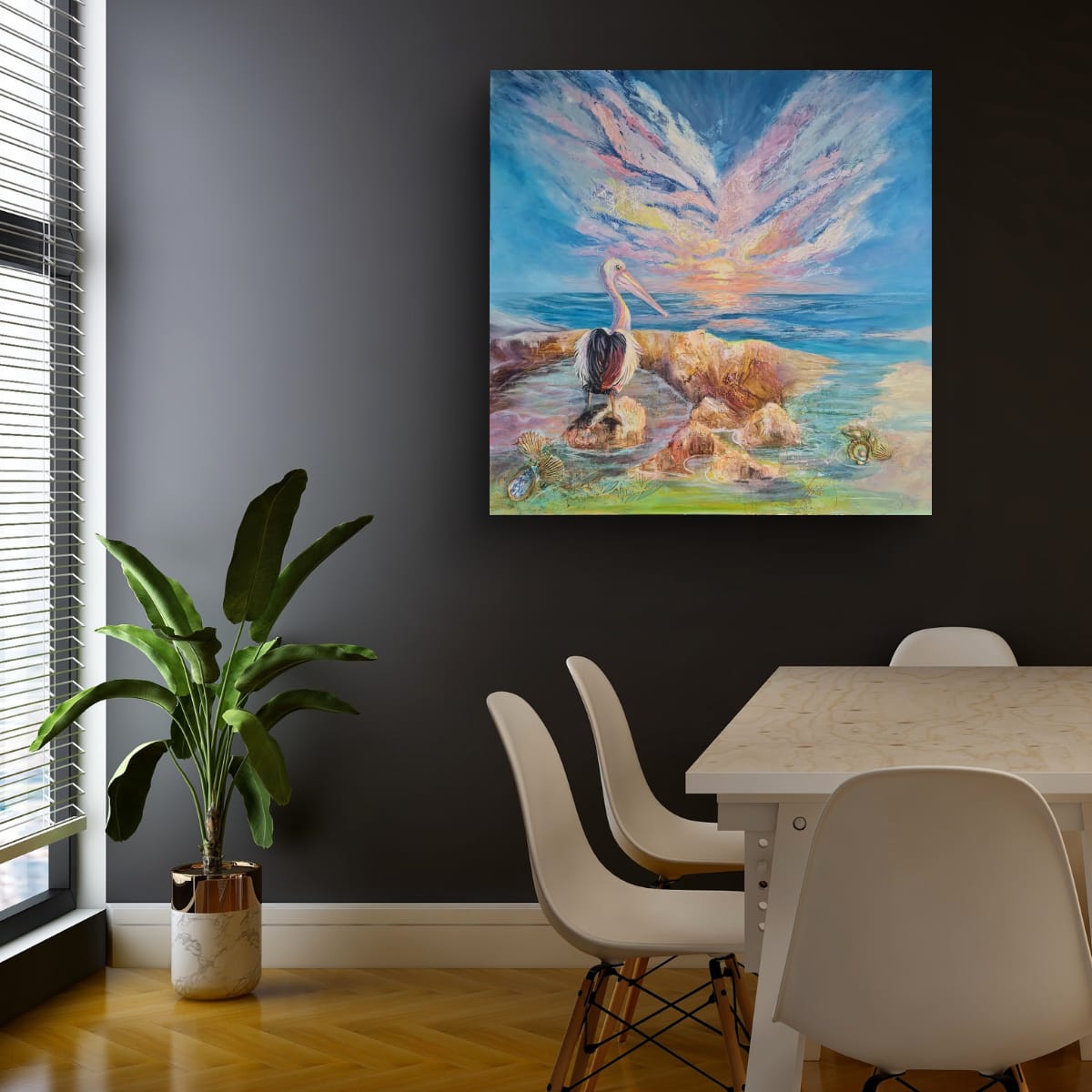 Original 88×88cm coastal sunset painting of a pelican resting in rock pools beneath dramatic dusk clouds, part of the Sole Witness Collection by Australian artist Lynette Mary Skeers.