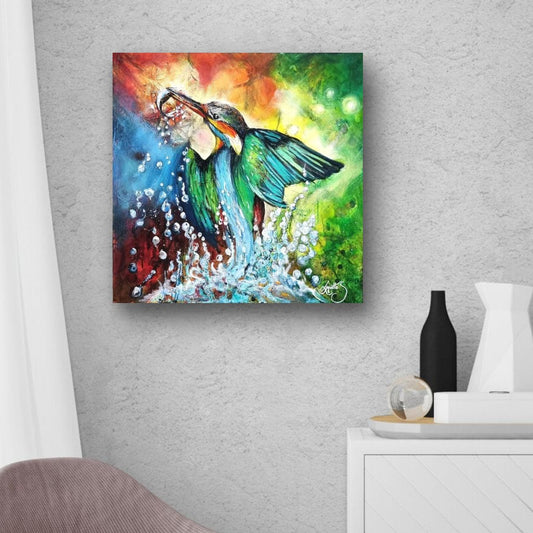 Colourful kingfisher bird painting capturing a moment of flight and splash as the bird catches a fish, vibrant contemporary wildlife artwork by Australian artist Lynette Mary Skeers