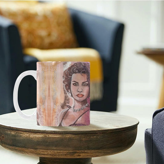 Art coffee cup featuring Cerise Sophia portrait from the Pink Icons Series by Australian artist Lynette Mary Skeers