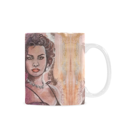 Art coffee cup featuring Cerise Sophia portrait from the Pink Icons Series by Australian artist Lynette Mary Skeers
