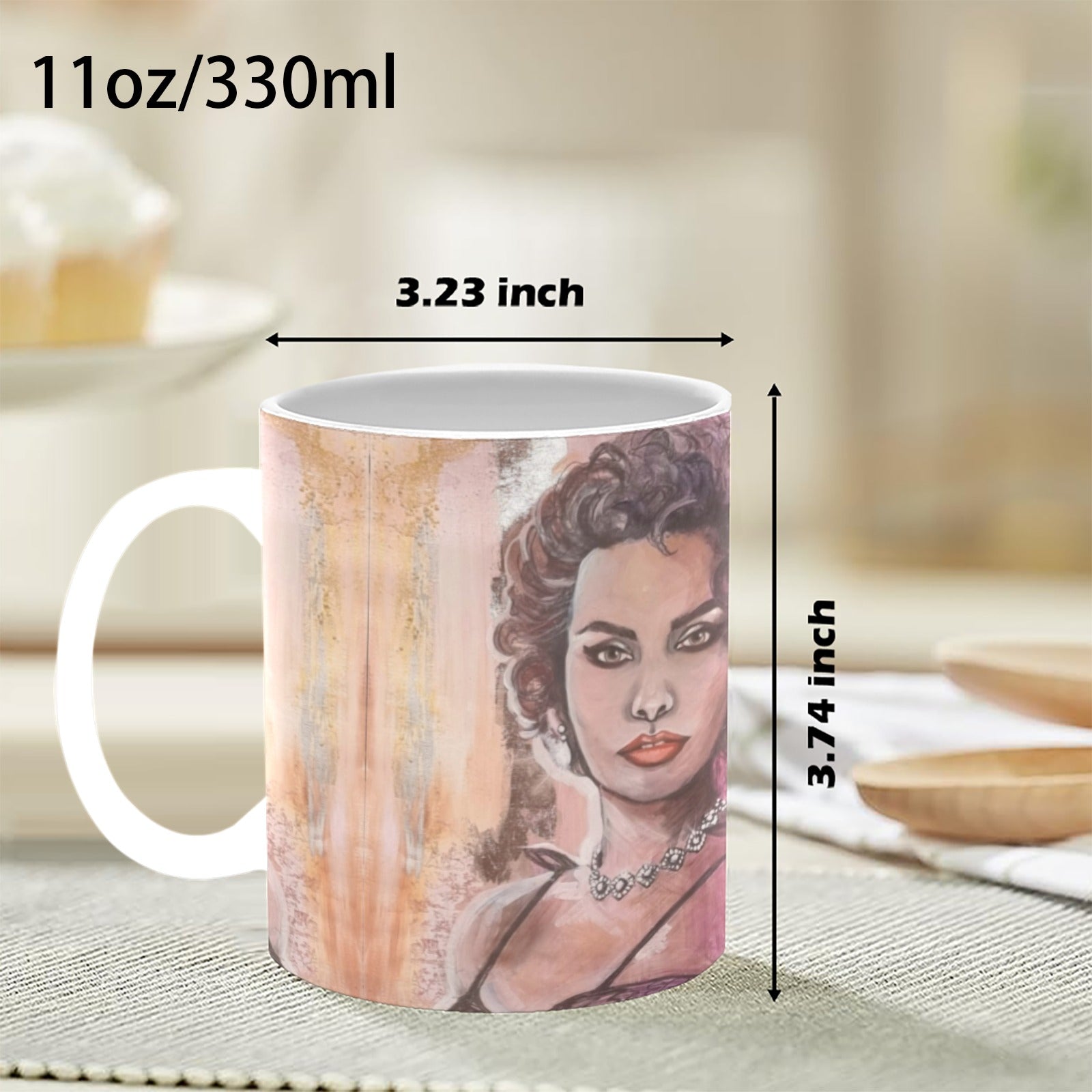 Art coffee cup featuring Cerise Sophia portrait from the Pink Icons Series by Australian artist Lynette Mary Skeers