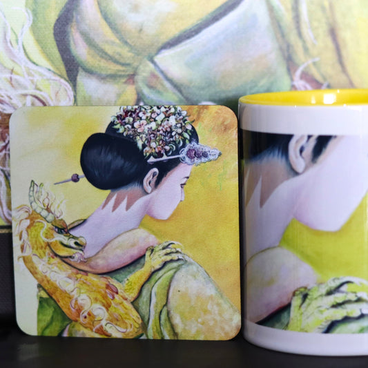 Art cup and coaster set featuring Self Esteem Yellow Geisha from the Geishas & Dragons Series by Australian artist Lynette Mary Skeers